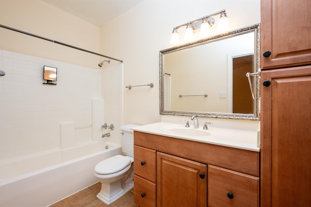 full bathroom with vanity, toilet, tub / shower combination, and tile patterned flooring