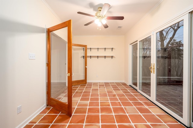 mudroom featuring tile patterned floors, ornamental molding, french doors, and ceiling fan