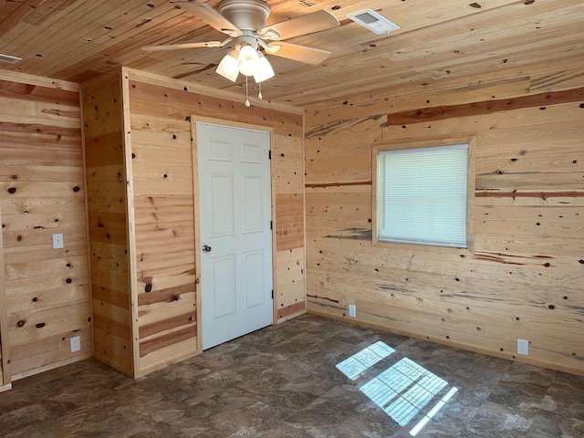 unfurnished bedroom featuring wooden walls and wooden ceiling