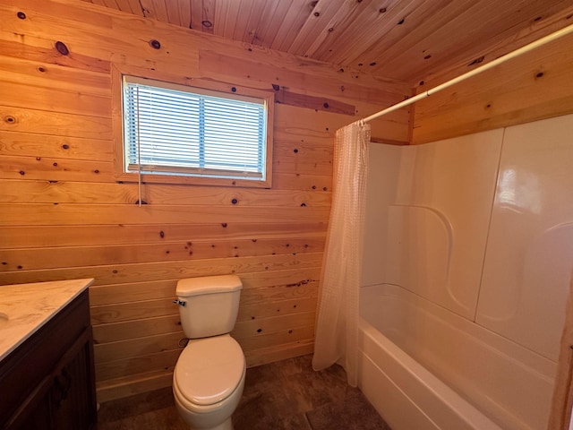 full bathroom featuring vanity, shower / bathtub combination with curtain, wood ceiling, and wooden walls