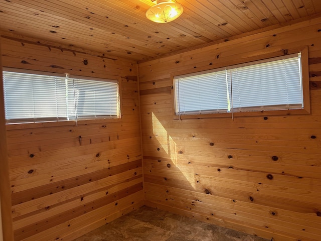 unfurnished room with wooden ceiling and wooden walls