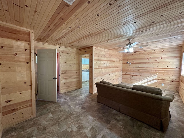 sitting room featuring wood ceiling, ceiling fan, and wood walls