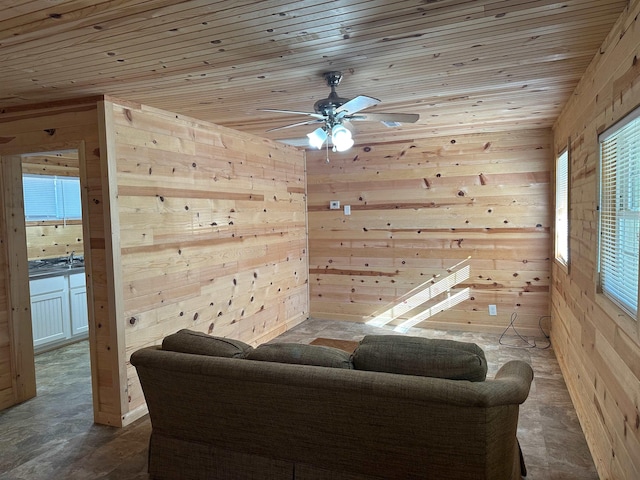 living room featuring wooden ceiling, ceiling fan, and wood walls