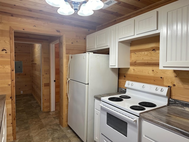 kitchen featuring white cabinetry, wood walls, wood ceiling, and electric stove