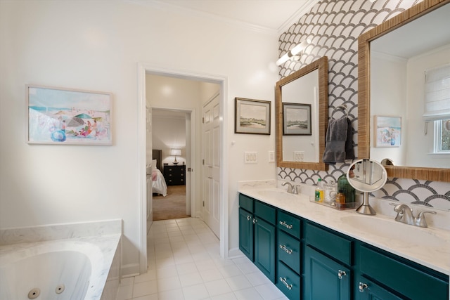 bathroom featuring ornamental molding, a tub, and vanity