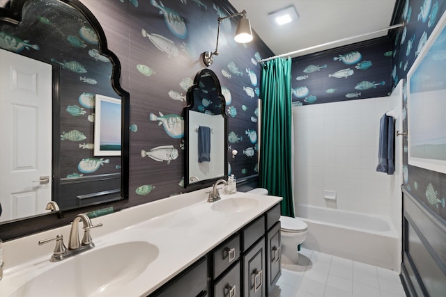 full bathroom with shower / bath combination with curtain, tile patterned floors, toilet, and vanity