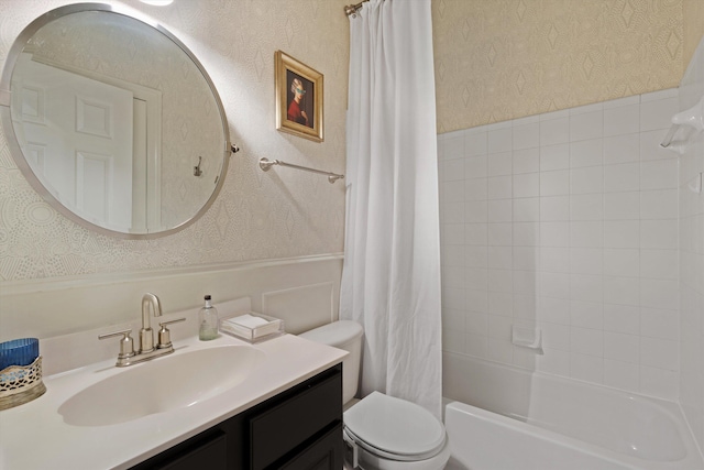 full bathroom with vanity, shower / bath combination with curtain, and toilet