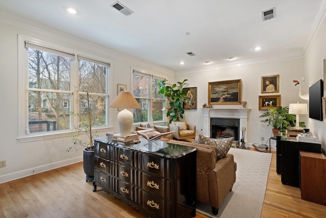 living room with crown molding and light hardwood / wood-style floors