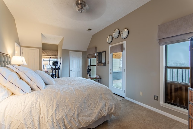 bedroom with lofted ceiling and carpet flooring