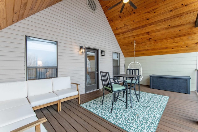 wooden terrace featuring ceiling fan and an outdoor hangout area