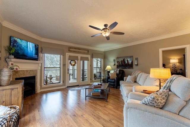 living room featuring ceiling fan, ornamental molding, and light wood-type flooring