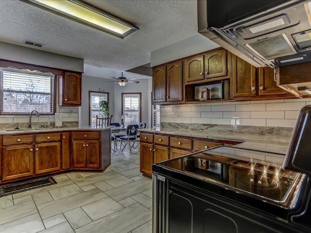 kitchen featuring sink, a wealth of natural light, ventilation hood, and decorative backsplash