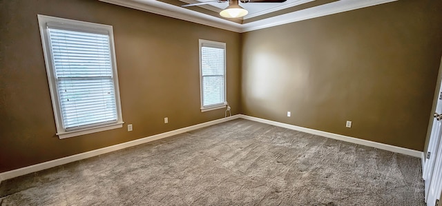 carpeted spare room with crown molding and ceiling fan