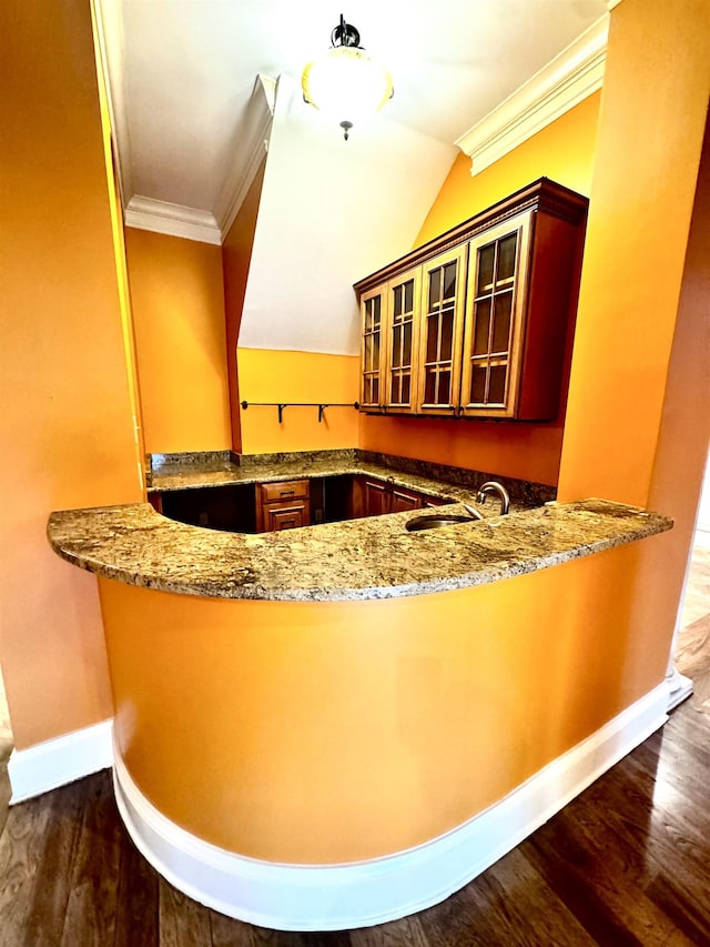 bar featuring crown molding, sink, and dark hardwood / wood-style floors