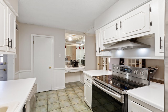 kitchen featuring ventilation hood, dishwashing machine, white cabinets, light tile patterned floors, and stainless steel electric range