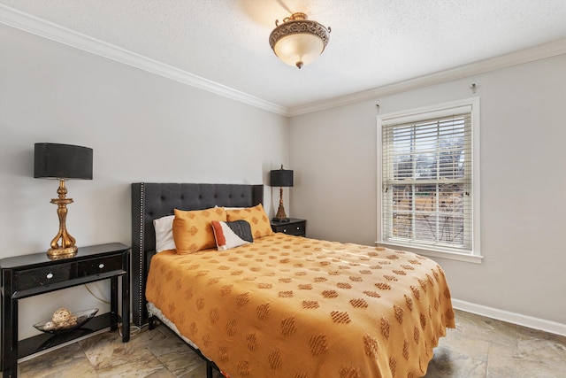 bedroom with crown molding and a textured ceiling