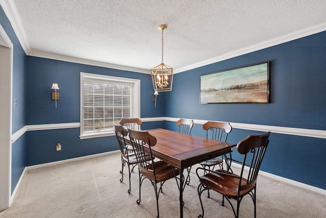 dining area with light carpet, ornamental molding, and a textured ceiling