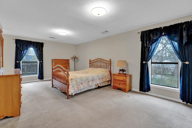 bedroom with multiple windows, light colored carpet, and a textured ceiling