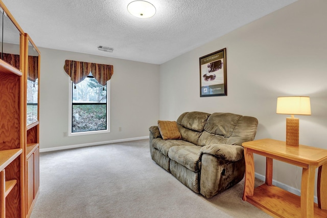 living room featuring carpet floors and a textured ceiling