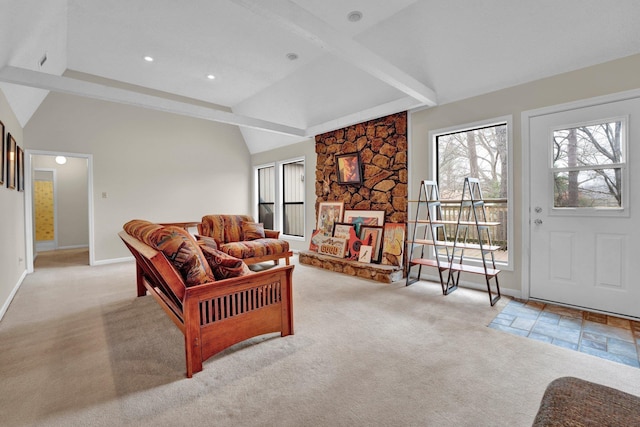 living room featuring light carpet and vaulted ceiling with beams