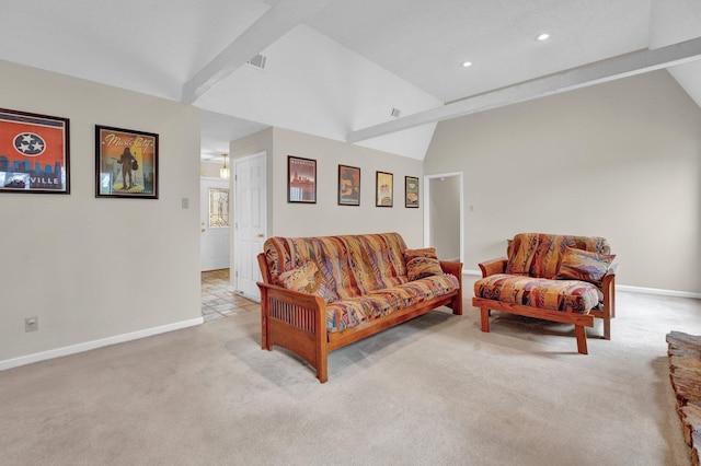 living room featuring light carpet and high vaulted ceiling