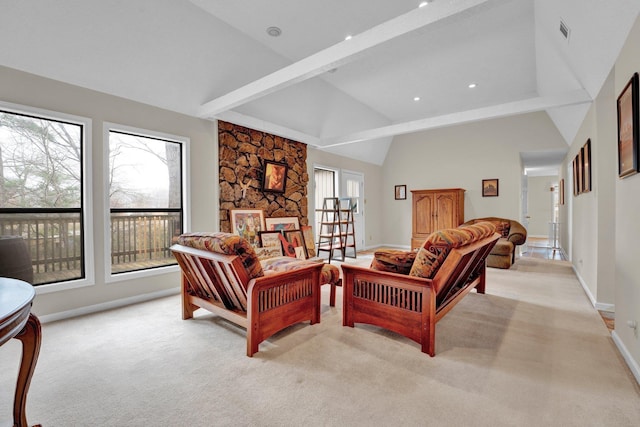 living room with lofted ceiling with beams and light carpet