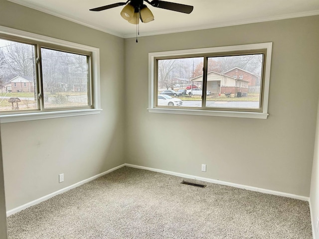 carpeted spare room with ceiling fan and ornamental molding