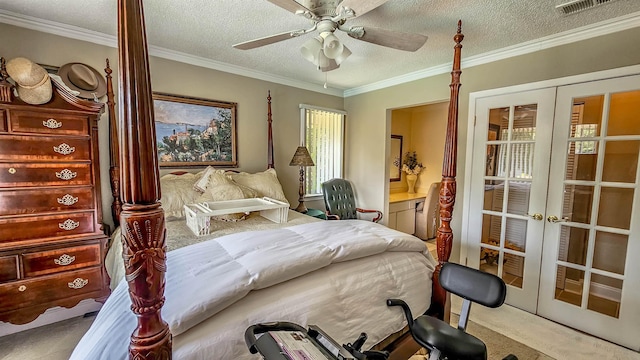 bedroom featuring french doors, light colored carpet, ornamental molding, and a textured ceiling