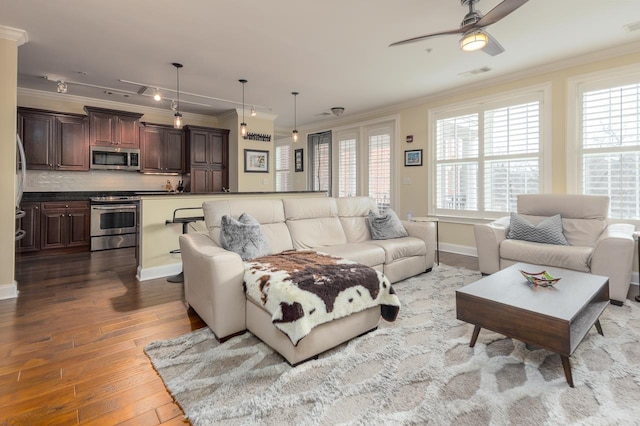 living room with ornamental molding, plenty of natural light, and wood-type flooring