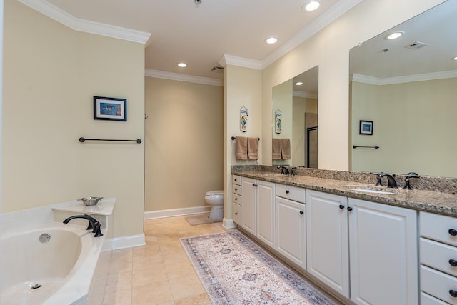 full bathroom with vanity, tile patterned floors, ornamental molding, and toilet