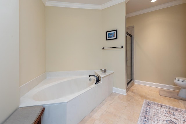 bathroom featuring tile patterned flooring, ornamental molding, separate shower and tub, and toilet