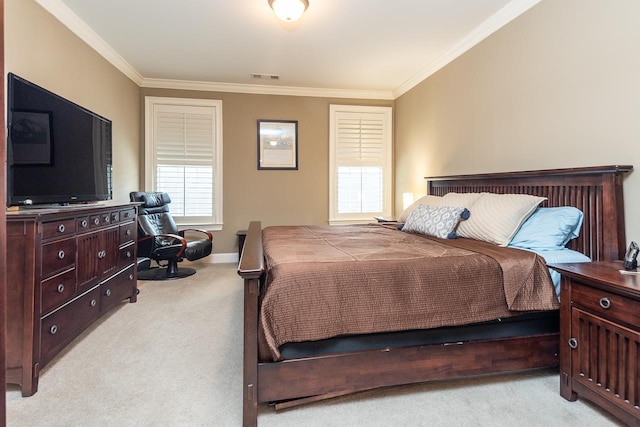 bedroom featuring crown molding and light colored carpet