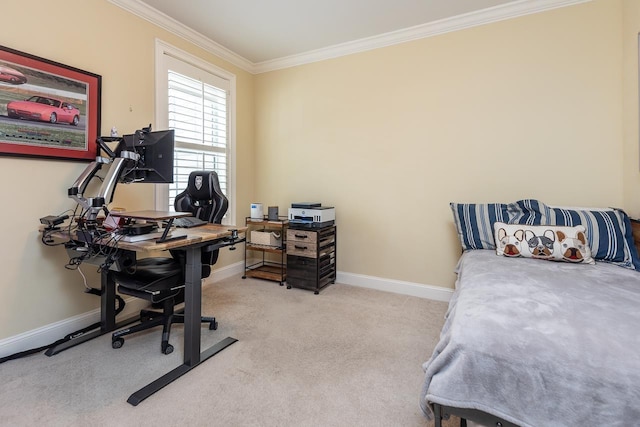 carpeted bedroom featuring crown molding