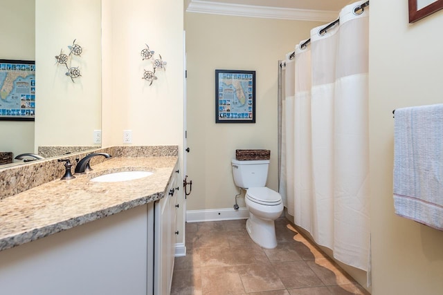 bathroom with crown molding, vanity, toilet, and tile patterned flooring