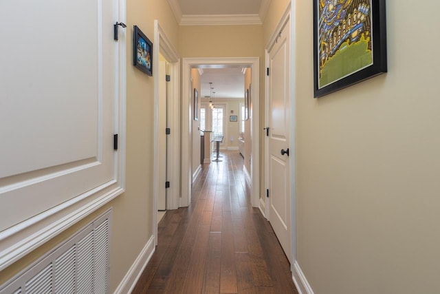 hallway featuring crown molding and dark hardwood / wood-style floors