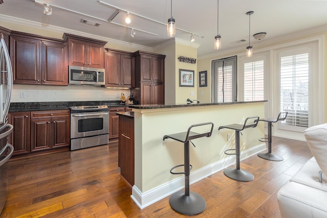 kitchen with pendant lighting, stainless steel appliances, and dark wood-type flooring