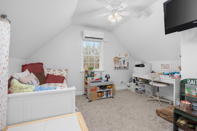 bedroom with an AC wall unit, light carpet, lofted ceiling, and ceiling fan