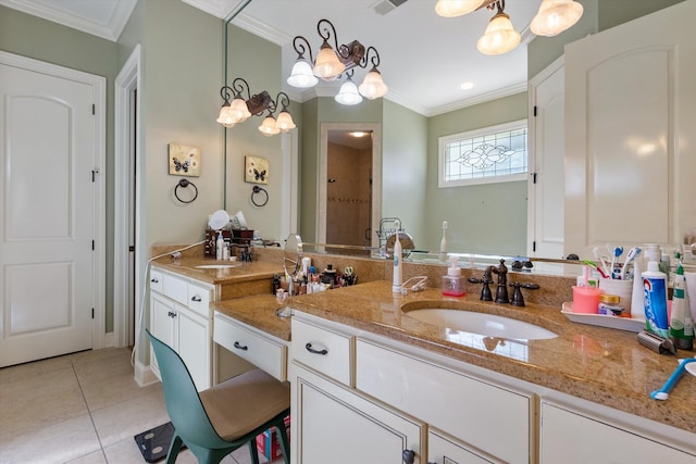 bathroom featuring tile patterned flooring, vanity, crown molding, and walk in shower