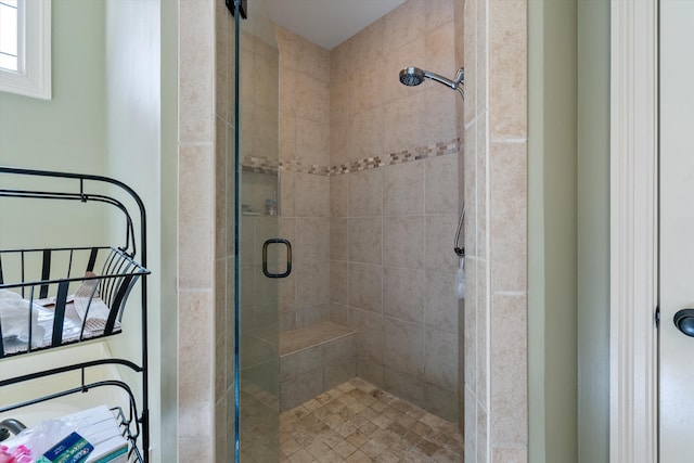 bathroom with a shower with shower door