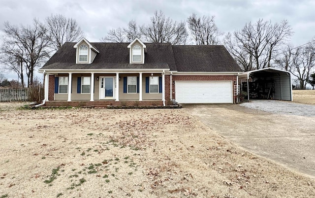 cape cod home with a garage, a carport, and covered porch