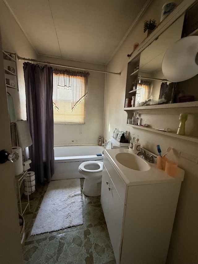 full bathroom with vanity, toilet, and shower / bath combo