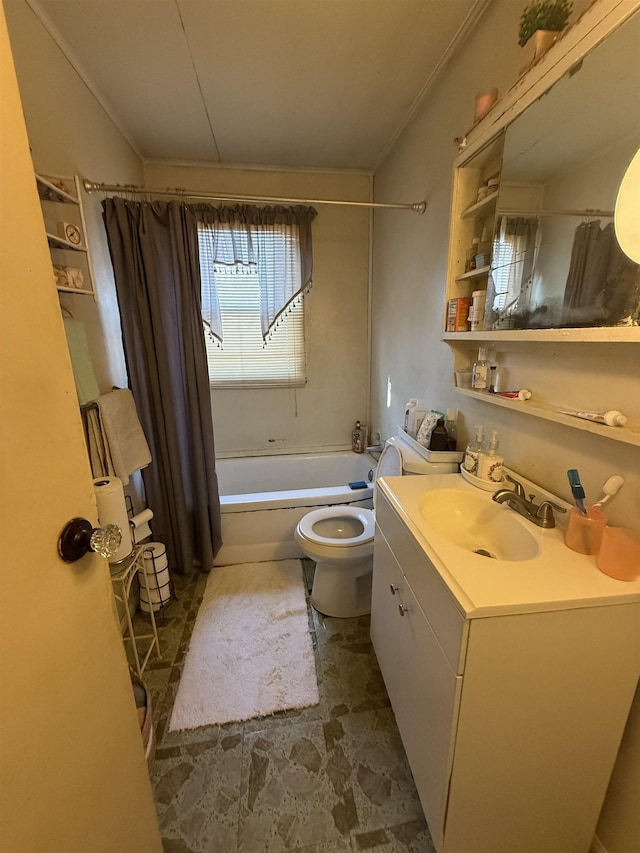 full bathroom featuring vanity, shower / bath combination with curtain, crown molding, and toilet