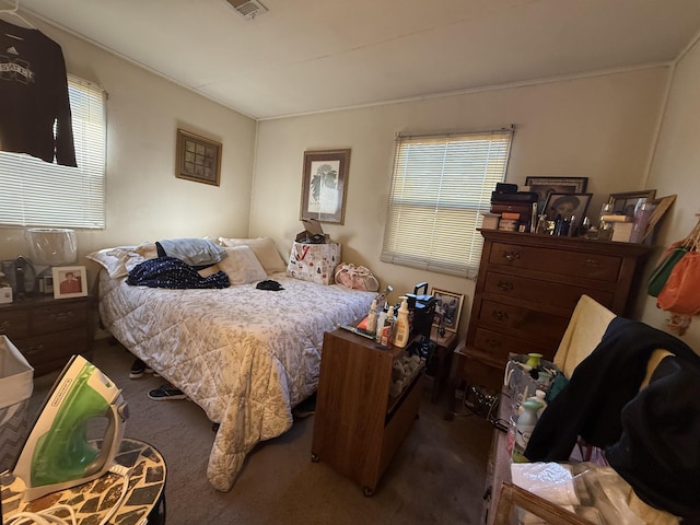 bedroom featuring multiple windows and dark colored carpet