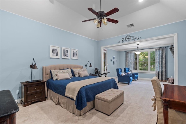 bedroom with light colored carpet and ceiling fan