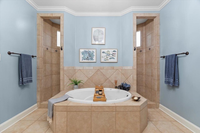 bathroom with tile patterned flooring, ornamental molding, and independent shower and bath