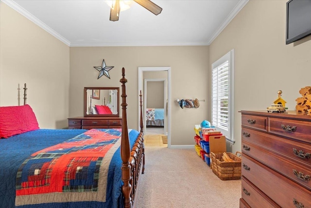 bedroom with ornamental molding, light carpet, and ceiling fan