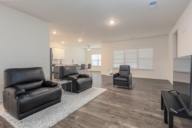 living room with ceiling fan and hardwood / wood-style floors