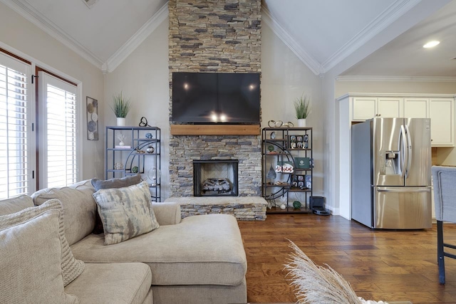 living room featuring ornamental molding, a stone fireplace, high vaulted ceiling, and dark hardwood / wood-style flooring