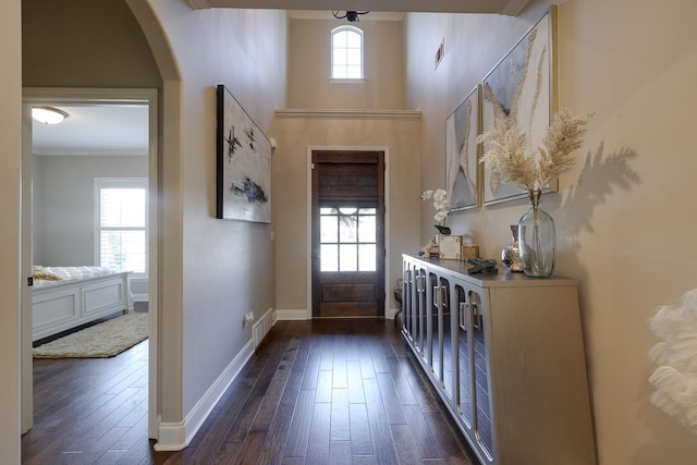 foyer featuring dark wood-type flooring, ornamental molding, and a high ceiling