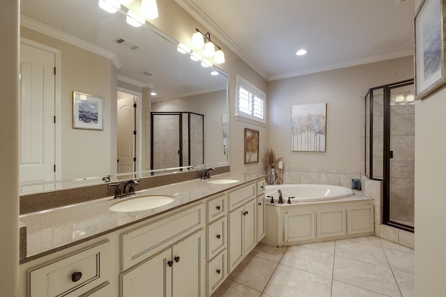 bathroom featuring tile patterned floors, ornamental molding, and independent shower and bath